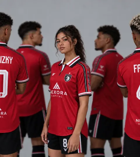 Time com uniforme esportivo vermelho e preto personalizado