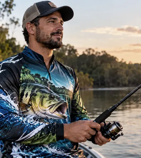 Camisa Dry Fit de pesca ao pôr do sol