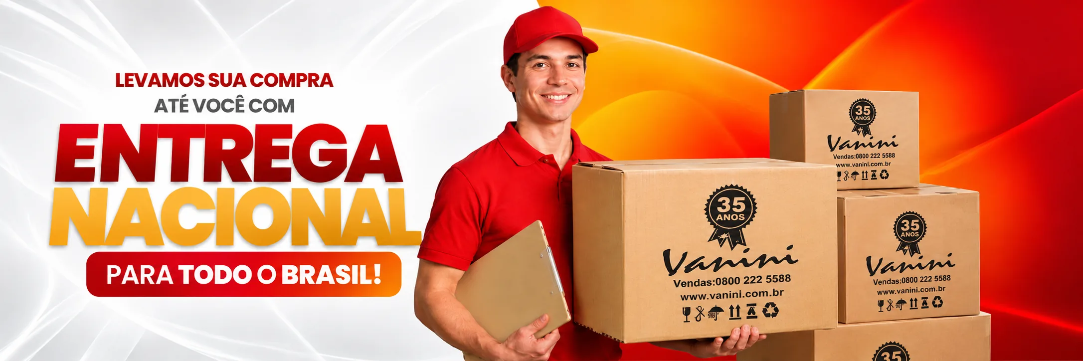 Levamos sua compra até você com entrega nacional para todo o Brasil: entregador Vanini com caixas da marca
