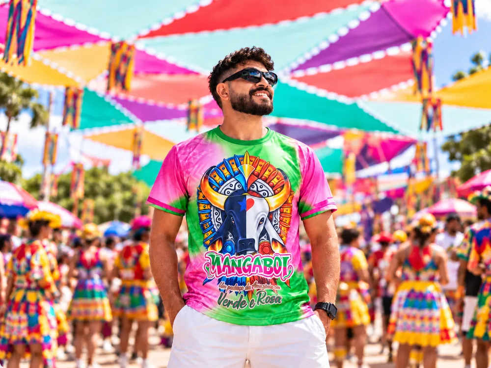 Cliente com camisa sublimada Mangaboi verde e rosa em meio à festa de Carnaval